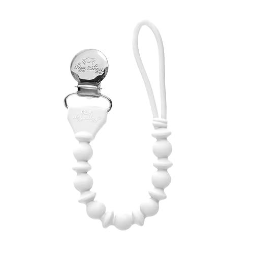 Image of Itzy Ritzy Silicone Pacifier Clip; 100% Food Grade Silicone Pacifier Strap with Clip Keeps Pacifiers, Teethers & Small Toys in Place; Features One-Piece Design & Cord (White)