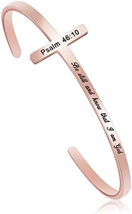 Be Still and Know that I am God Psalm 46:10 Religious Rose Gold Bracelets for Women Girls Christian Cross Cuff Baptism Faith Bible Verse Jewelry Christmas Birthday Gift
