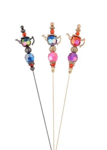 Image of Alilang Magic Lamp Pearl Lady Camo Rose Heart Rhinestones 3Pcs Vintage Long Handle Hat and Lapel Pins with Flexible Bendable Design