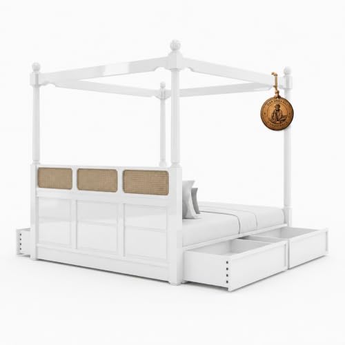 Image of Sheesham Solid Wood Allure Poster Bed for Bedroom | Handmade Wooden Cot | Elegant Four Poster King Size Bed Frame (White, King, Allure with Storage(Cane))