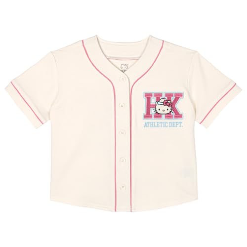 Hello Kitty Little Girls French Terry Baseball Jersey Drop Shoulder Athletic V-Neck T-Shirt Cream/Pink 7-8