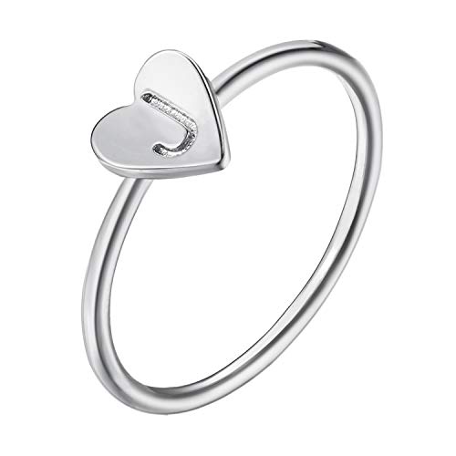 YANCHUN Silver Alphabet A-Z Initial Ring Heart Shaped Letter Rings for Women Girls (J)