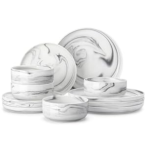 MALACASA Plates and Bowls Sets, 12 Pieces Porcelain Dinnerware Sets Dishware Sets Chip Resistant Ceramic Dish Set Dining Dinner Ware Service for 4, Marble Grey, Series LUNA