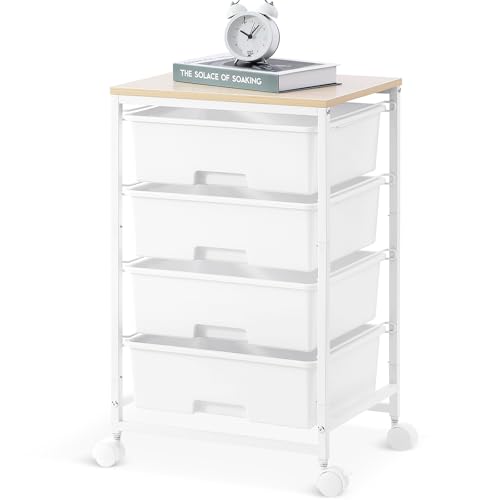 Image of SYKIARIOL Rolling Cart with Drawers, 4-Drawer Utility Cart, Bright White | Rolling Storage Cart with Drawers and 2 Lockable Wheels, 4-Tier Craft Organizers for Home Office Dorm