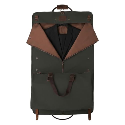 2 in 1 Suit Garment Duffle Convertible Carry-on Bag With Waxed Canvas Leather Shoulder Strap for Travel, Business Trips, Storage - Hangding Suit, Clothes, Dresses, Shoes (Waxed Green)