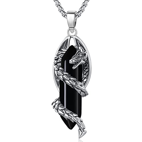 Vito Dragon Necklace for Women Men, Hexagonal Prism Obsidian/Rose Quartz/Lapis Lazuli/Amethyst/Turquoise Healing Crystal Energy Amulet Protection Jewelry Gift, 20