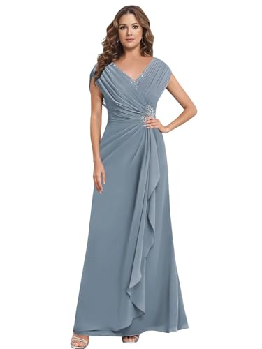 Elegant Mother of The Bride Dresses V Neck Lace Applique Chiffon Long Length Formal Dress for Wedding