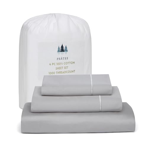 Image of Full Size Sheets, 1000 Thread Count 100% Cotton 4-Piece Bed Sheet Set, 16-Inch Deep Pocket, Soft Breathable Cooling Sateen Hotel Bedding, Light Grey