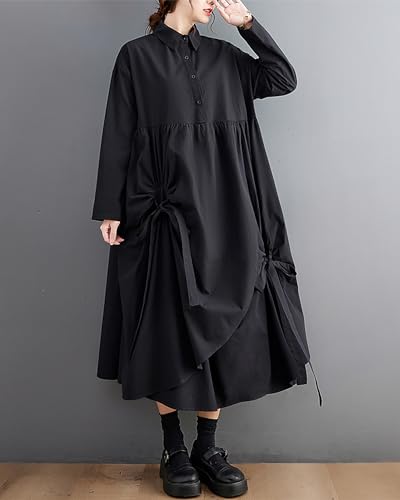 Image of Women's Shirt Dress Lapel Button Down Long Sleeve Flowy Hem Solid Color Patchwork Loose Oversize GZ278
