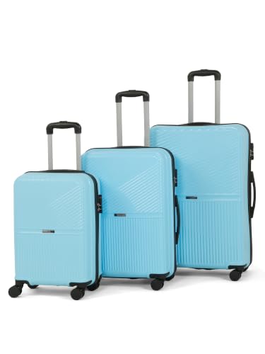 Image of Teakwood Set of 3 8 Wheels Trolley Bag, Hard Cabin with Zipper Closure, Adjustable Push Button & Cross Side Strap, Number Lock System 360 Degree (Set of 3, Sky Blue)