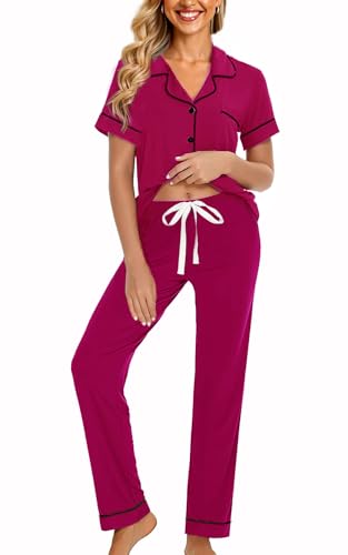 Image of WJing Yi Jia Womens Soft Pajamas Set XS-XXL Button Down Sleepwear Short Sleeves Pajama sets with Long Pants Pj Set Nightwear