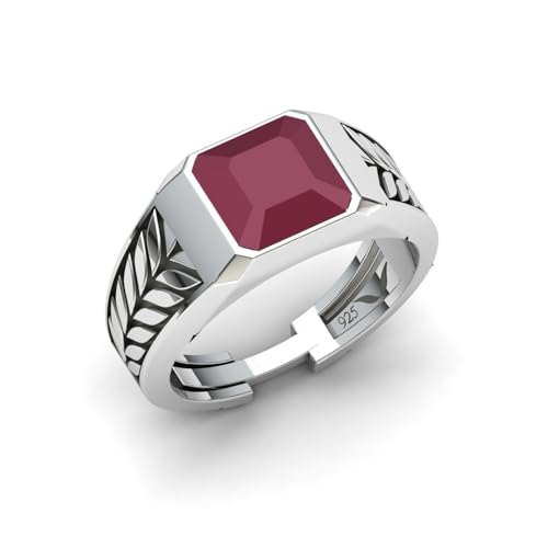 Image of Rera Mens Rings Silver 925 Rings For Men setted with red zircon gemstone Ruby substitute mens rings Pure Silver 925 Rings For Men Gift for Men Boyfriend With Certificate of Authenticity and 925 Stamp