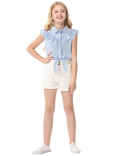 Image of Girls Sleeveless Plaid Button Down Shirt Summer Crop Tops Tie Knot Ruffle Sleeve Shirt Blouse 3-12Y