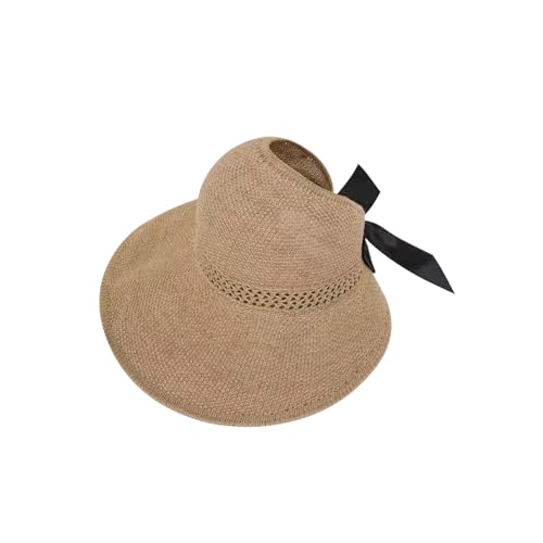 Andiker Strohhut Frauen 5 Zoll breite Krempe Open Top Design mit modischen Bowknot Built-in Schweißband einstellbar faltbar tragbaren Strand Hut(Leinen, Khaki)