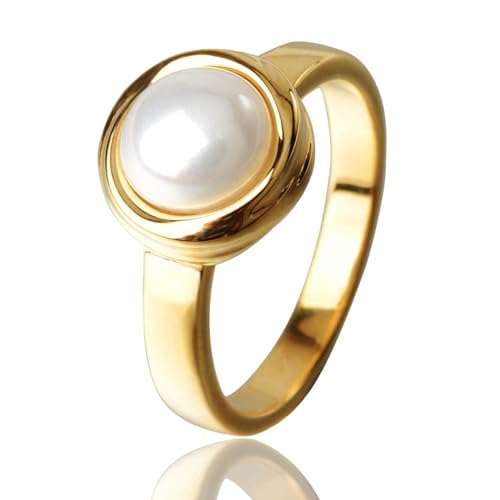 Pearl Ring for Women, 18K Gold Plated Rings for Bride Wedding Engagement Band Birthday Jewelry for Women Fits Sizes 5 to 11