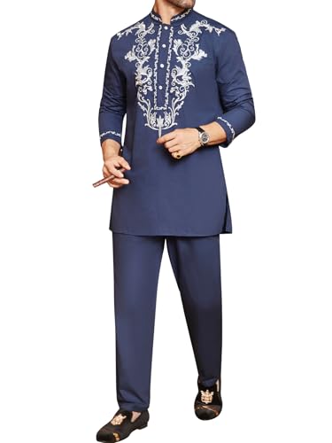 Daupanzees Mens African 2 Piece Set Metallic Traditional Suit Gold Embroidered Shirt African Dashiki Shirt and Pants Outfit