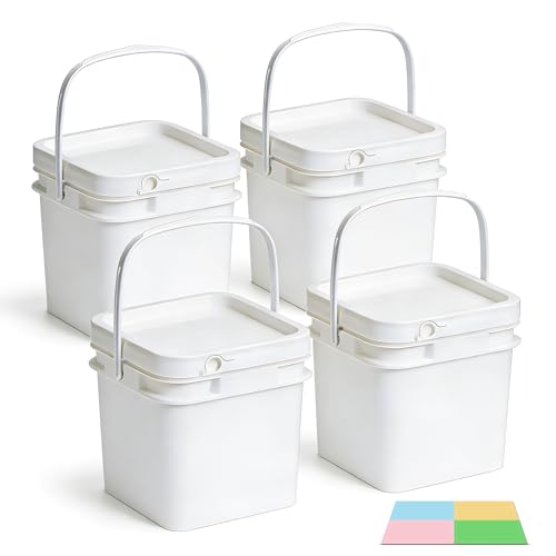 UMETASS Bucket with Lid - 4 Packs Square Clear Plastic Storage Containers Food Safe with Handle Airtight Pressure Lids for Kitchen & Home (White 34 oz)