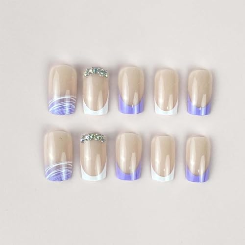 Image of Purple Press on Nails Medium Square Fake Nails French Tip with Glitter Design Rhinestone Glue on Nails Glossy Full Cover Artificial Acrylic Stick on Nails for Women Girls Manicure 24Pcs