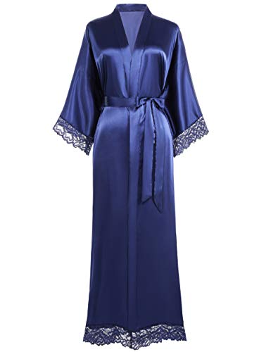 BABEYOND Womens Satin Kimono Robe Long Bridesmaid Wedding Robes for Bachelorette Party Bath Robe Nightgown Sleepwear with Lace Trim 52" (Blue)