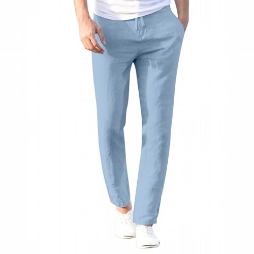 BGKKTLW Pantalones de lino casuales para hombre, ajustados, cintura elástica con cordón, pierna recta, pantalones largos para verano, yoga, playa, azul, L