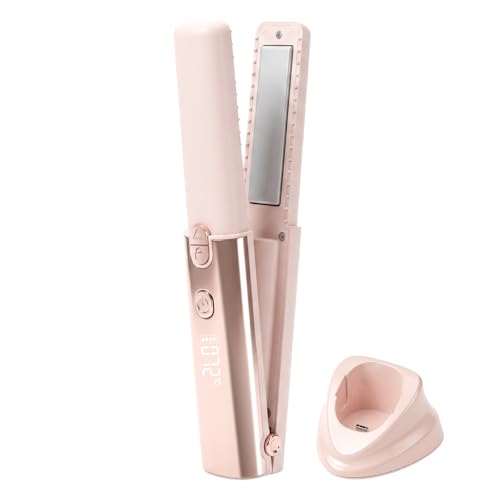 Cordless Hair Straightener and Curler 2 in 1 Portable Flat Iron with Charging Dock 4000mAh Rechargeable Battery 4 Adjustable Temps 284F-428F 35W Fast Heating PTC (Pink)