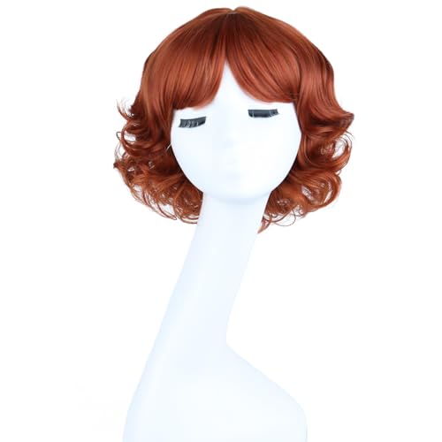 MAGQOO Copper Red Wigs for Women Girls Short Curly Wavy Fluffy Auburn Ginger Dark Orange Wig with Bangs Halloween Cosplay Costume Party Wig