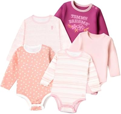 Tommy Bahama Baby 5-Piece Onesie Set – 100% Cotton Long Sleeve Bodysuits for Boys & Girls (Pink, Siz...