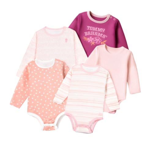 Tommy Bahama Baby 5-Piece Onesie Set - 100% Cotton Long Sleeve Bodysuit 5-Pack for Infant Boys and Girls (Pink, Size 12M)