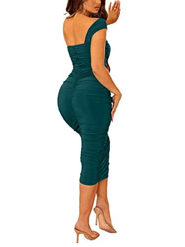 Halfword Sexy One Shoulder Midi Dress For Women Ruched Bodycon Drawstring Night Party Club Cocktail Dresses Green Xl #TOP3