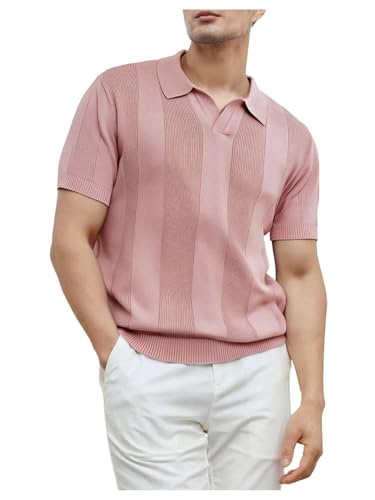 Verdusa Men's Striped Color Block Short Sleeve Sweater Collar V Neck Summer Casual Knit Tops Multicolor Large