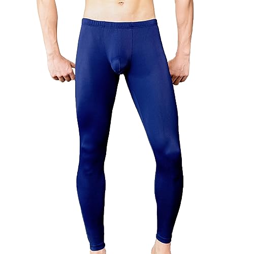 Mufeng Mens Stretchy Ribbed Sports Compression Pants Solid Color Elastic Waistband Bulge Pouch Athletic Yoga Leggings Navy Blue Medium