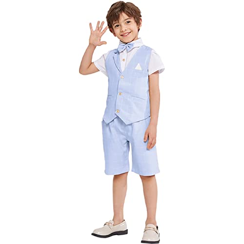 Trajes para Niños de Boda,Traje Verano Ceremonia, Conjunto de Chaleco, Camisa, Shorts (8-9 años,Azul,Tag 140) Cover