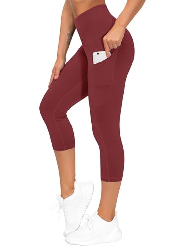 Image of THE GYM PEOPLE Thick High Waist Capris Yoga Pants with Pockets, Tummy Control Workout Running Yoga Leggings for Women