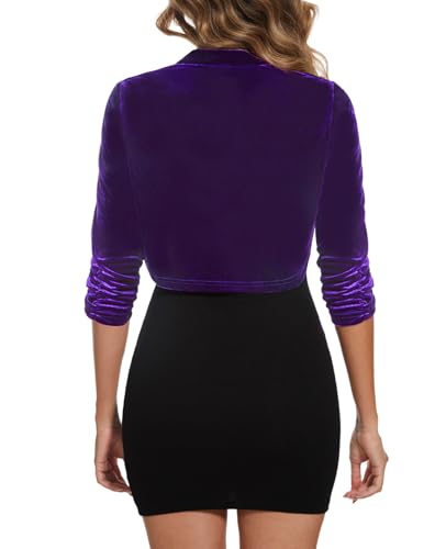 Image of MINTLIMIT Women's Velvet Bolero Shrug Top Ruched 3 /4 Sleeve Open Front Cocktail Party Cropped Cardigan for Dress
