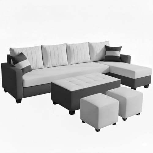 Image of FURNY Avenue 8 Seater Fabric RHS L Shape Sofa Set with 1 Centre Table & 2 Puffy (Light Grey-Dark Grey) Premium Velvet Finish