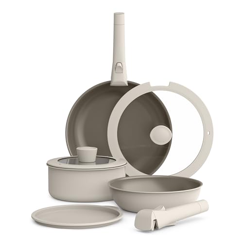 bella 8 Piece Cookware Set, Fits-anywhere™ Kitchenware w EverGood™ Ceramic Nonstick Coating, Removable Handles, Dishwasher & Oven Safe, All Stovetops Compatible, Glass Lids w Silicone Rims, Oatmilk