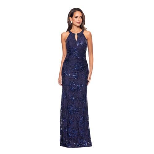 Betsy & Adam Women's Sleeveless Sequin Lace Keyhole Halter Evening Gown