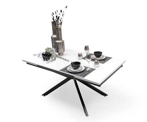Homely - Mesa de Comedor 160 Extensible Katia | Tapa de Material Cerámico Símil Mármol Blanco | 2 alas Laterales Extensibles de 40+40 cm. 200-240 x 90 x 76 cm. | Patas de Metal Negras