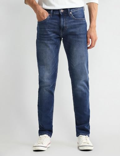 Image of Men's Dark-Blue Solid Mid Rise Light Button Stretchable Cotton Blend 1050 Men's Jeans (UDJEN1274 Dark-Blue 30)
