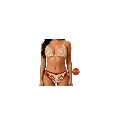 loumssiy Bling Rhinestone Bra Lingerie Sets for Women Sexy lingerie with Letter Seamless Panties Crystal Chain Bikini Sparkly Body Jewelry (Gold Rhinestone Set+Seamless Panties B Medium)