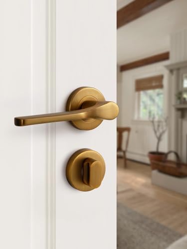 SORWDUERM Türgriff Antik messing Drückergarnitur, Edelstahl matt gebürstet, Türklinke Set für Haustür und Innentür, L-Form, Rund-Rosette, WC