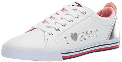 Tommy Hilfiger Girls Arrin Logo Sneaker, White/Silver, 3 Medium US Little Kid