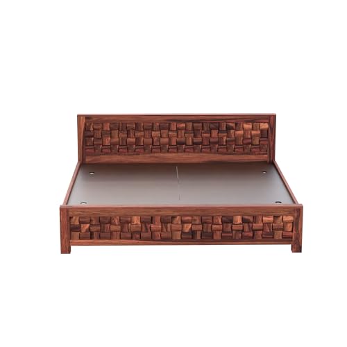 Image of Solid Sheesham Wood Queen Size Bed Without Storage | Wooden Double Bed Cot Bed for Bedroom Furniture | Palang Double Bed for Hotels | Niwar Patti Design, Honey