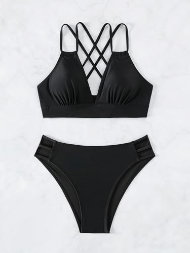 Image of Fanuerg Women's Sexy V Neck Bikini Sets Hollow Out Two Piece Swimsuits Cutout Mid Waist Bathing Suit