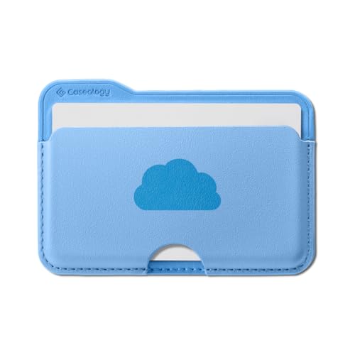 Image of CASEOLOGY Men Faux Leather By Spigen Folder Pop Magsafe Wallet [Non-Slip Silicon Patterned] Magnetic Card Holder for iPhone 17, 16, 15, 14, 13, 12, Series (Suede | Sky Blue Cloud)