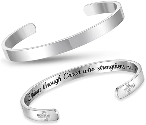 MEALGUET Inspirational Cross Bracelet for Women : Stainless Steel Engraved Bible Verse Silver Open Cuff Bangle Bracelet Faith Christian Jewelry Baptism Religious Christmas Gift to Daughter Mom