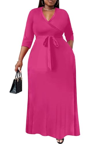 Image of Nmoder Plus Size Maxi Dress for Women - Summer Casual 3 /4 Sleeve Floral Flowy Long Dress with Belt XL- 6XL
