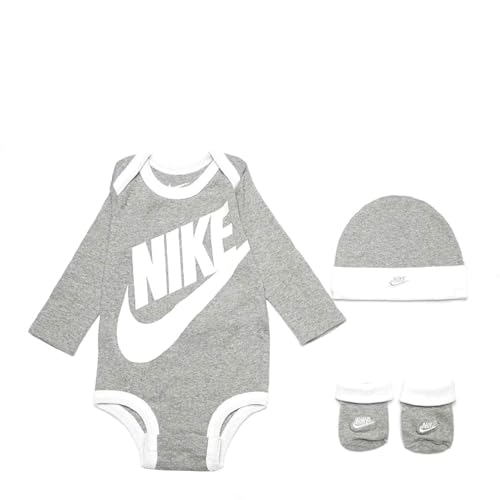 Nike Baby Long Sleeve Bodysuit, Hat and Booties 3 Piece Set (Dark Grey Heather(LN0134-042), 0-6 Months)