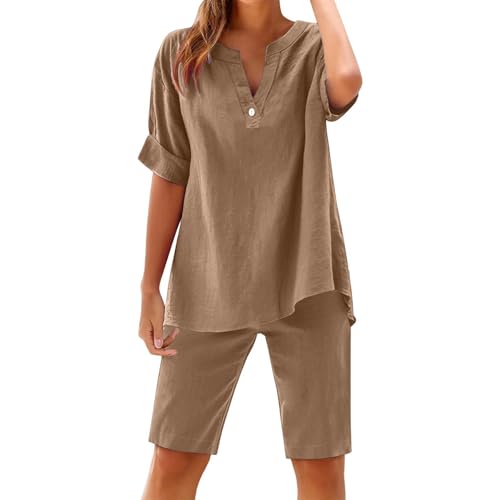 Womens Cotton Linen 2 Piece Outfits Short Sleeve Button Down