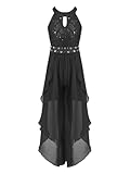 Linjinx Kids Floral Lace Flower Girls Dress Halter Neck Jumpsuit with Chiffon Skirt Wedding Pageant Evening Party Dress Black A 14 Years